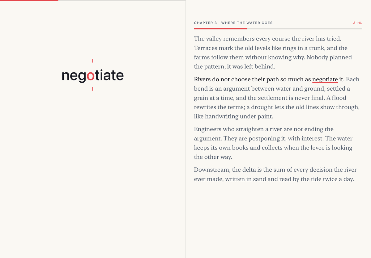 Flash Reader on iPad: the stage on the left with the word negotiate, the text on the right with the word underlined in red.