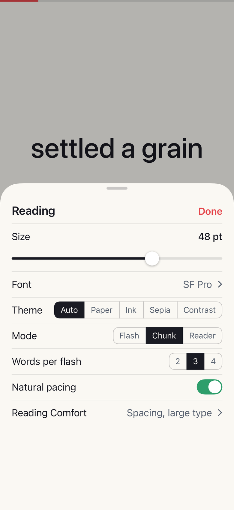 The Reading settings sheet over the stage, with Chunk picked and three words per flash.