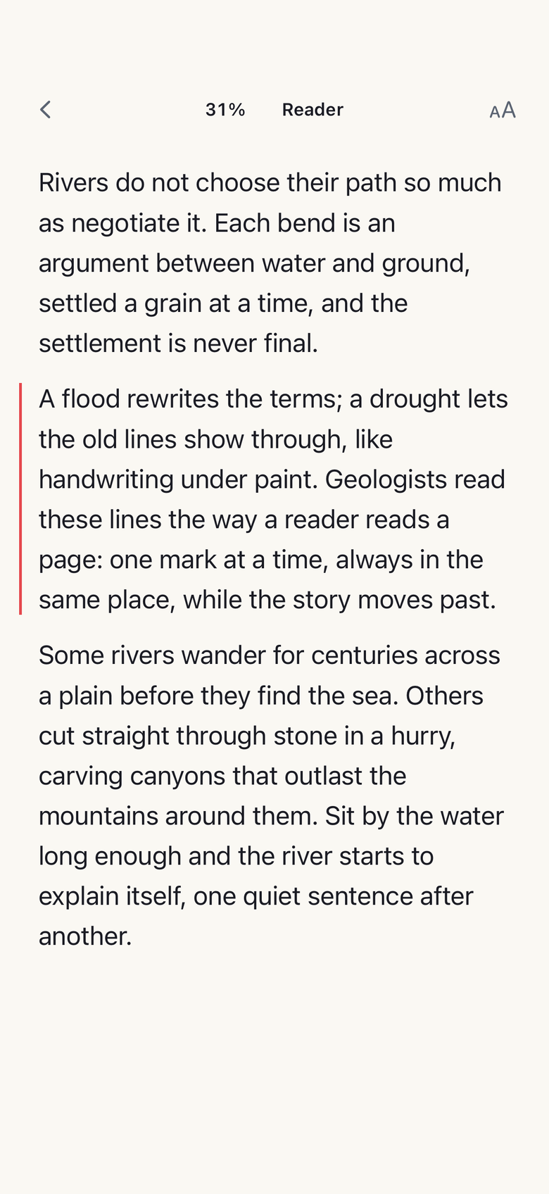 Flash Reader in Reader mode: the full text, with a red rule beside the paragraph being read.